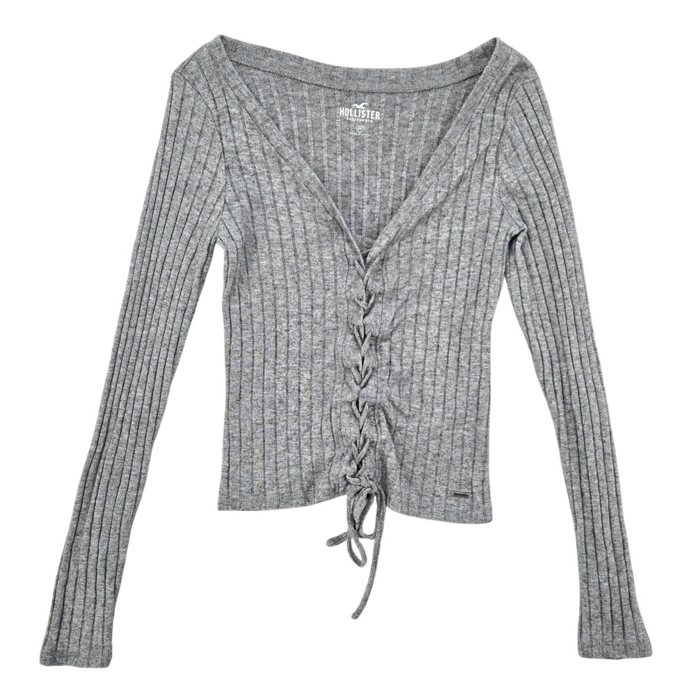 Hollister Medium Grey Lace Up Ribbed Knit Womens Coquette Preppy‎ Y2K Style Top